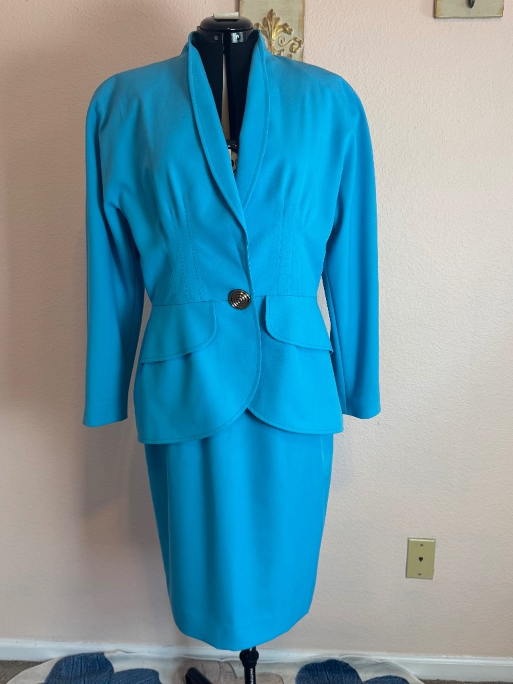 80s Power Suit vibrant turquoise vintage skirt suit vtg Sz 14 now Med NWT
